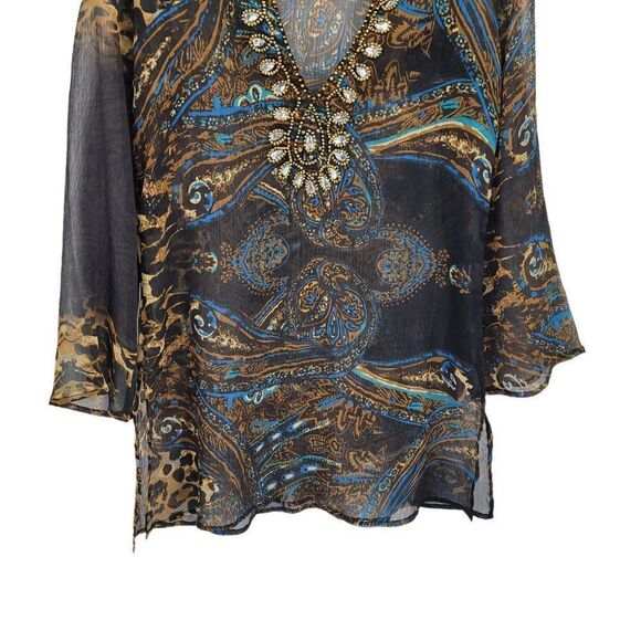 Venus Dress Sheer Peasant Resort Beaded V Mini Tunic Kaftan Paisley Brown Sz S/M - Picture 8 of 14